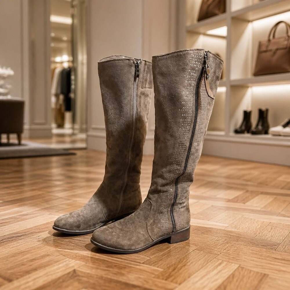 Azura Taupe Suede Rhinestone Tall Boots Size 41